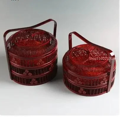 

Bamboo Storage Basket Handle with Lid Round Hollow Two Floors Three Floors Wedding Basket Egg Moon Cake Box Fruit Storage Boxes
