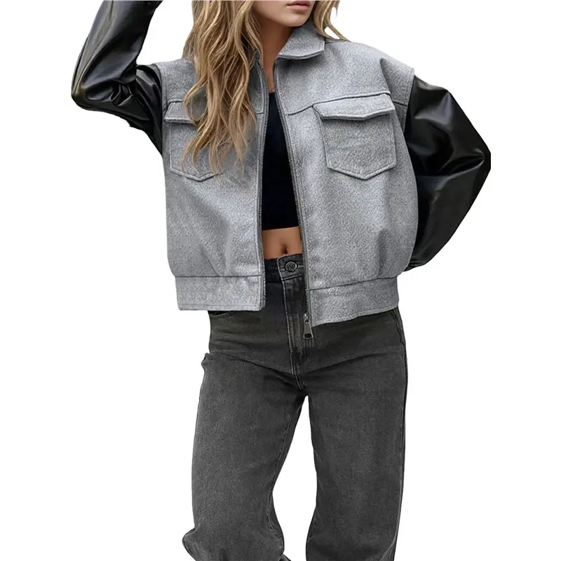 TEXU Women Cropped Jacket Button Down Varsity Jackets Shackets With Pockets Light Gray S