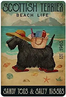 Scottish Terrier Beach Life Metal Tin Sign, Fun Bathroom Vintage Tin Signs Office Bar Sign Man Cave Decor Cafe Farmhouse Wall