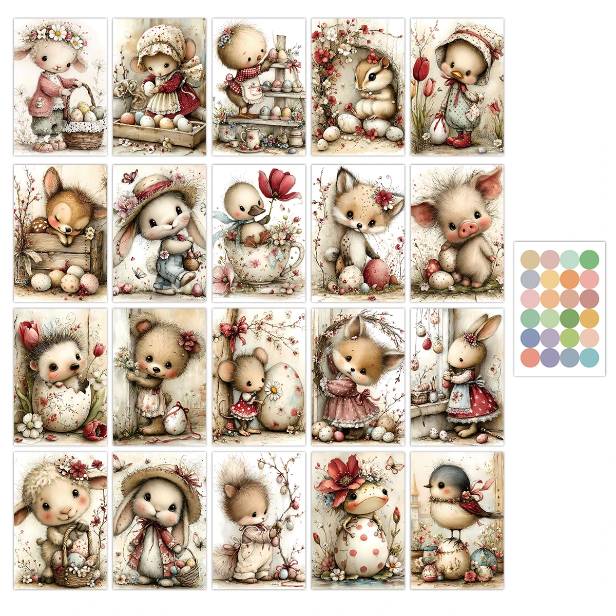 20 Stück Vintage entzückende Tier-Ostern-Wandaufkleber, Karten und Postkarten, Frühlingswand-Fenster-Dekoration, Herzfelt-Geschenk, Osterparty-Hintergrund