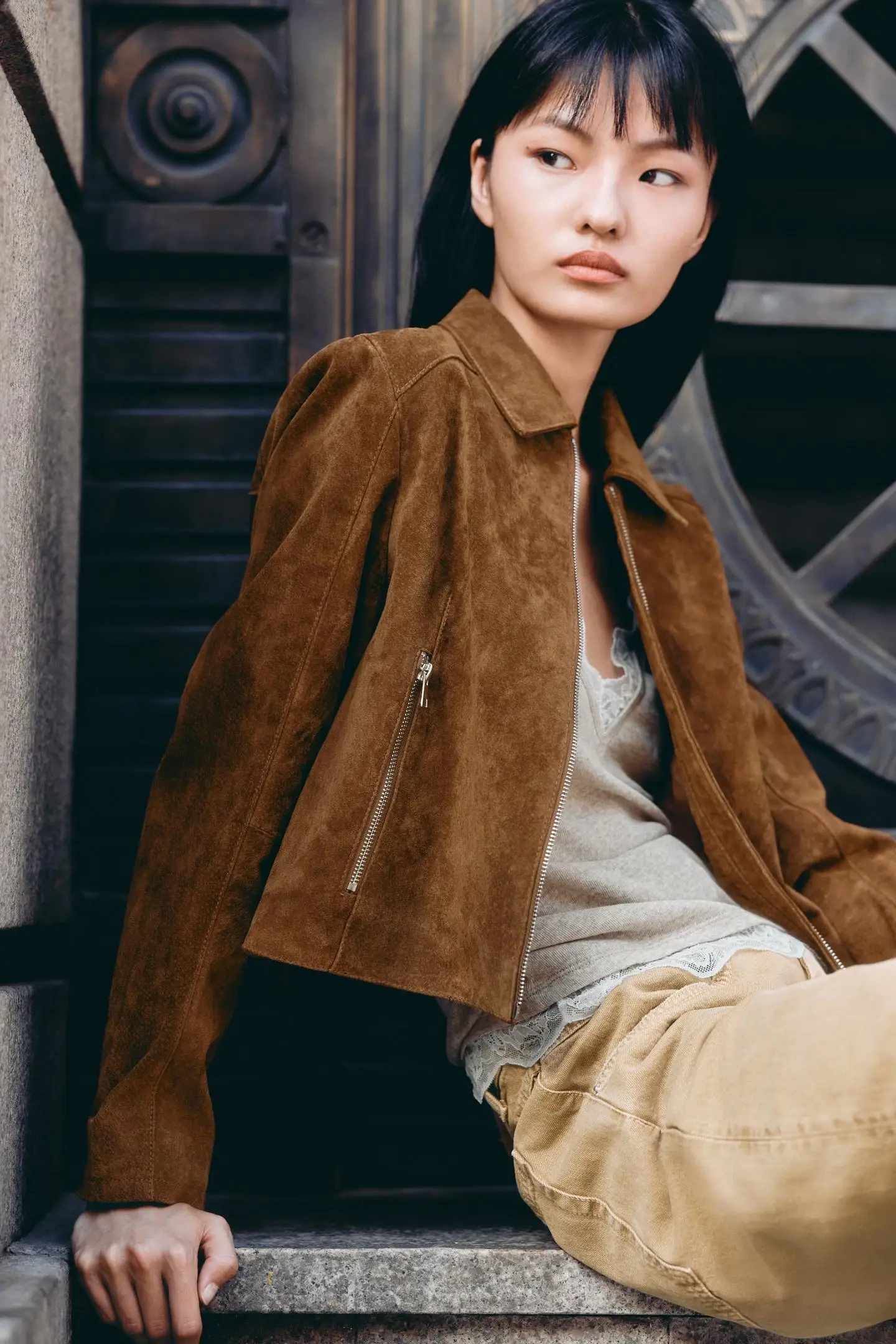 Novo outono feminino jaet zíper ort casaco de couro do plutônio gola simples fechamento com zíper feminino commuter sle fibra poliéster