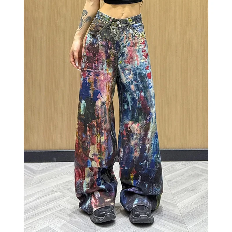Jeans americani resistenti con schizzi Pantaloni larghi gotici larghi a vita alta da donna Pantaloni dritti casual in denim Hiphop Harajuku