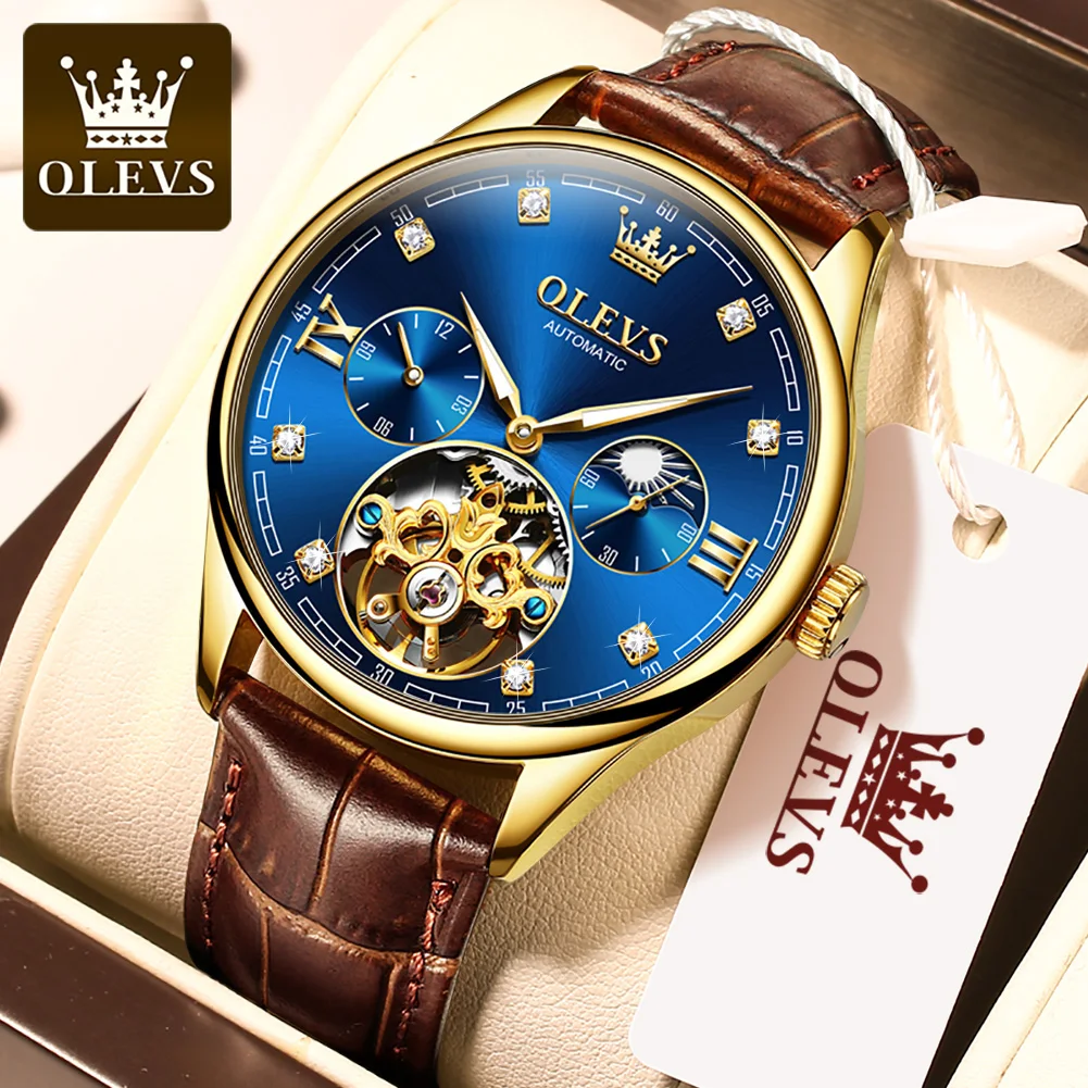 OLEVS 3601 Automatic Mechanical Movement Watch Hollow Flywheel Design Diamond Scale 30m Waterproof Luminous Leather Strap Watch