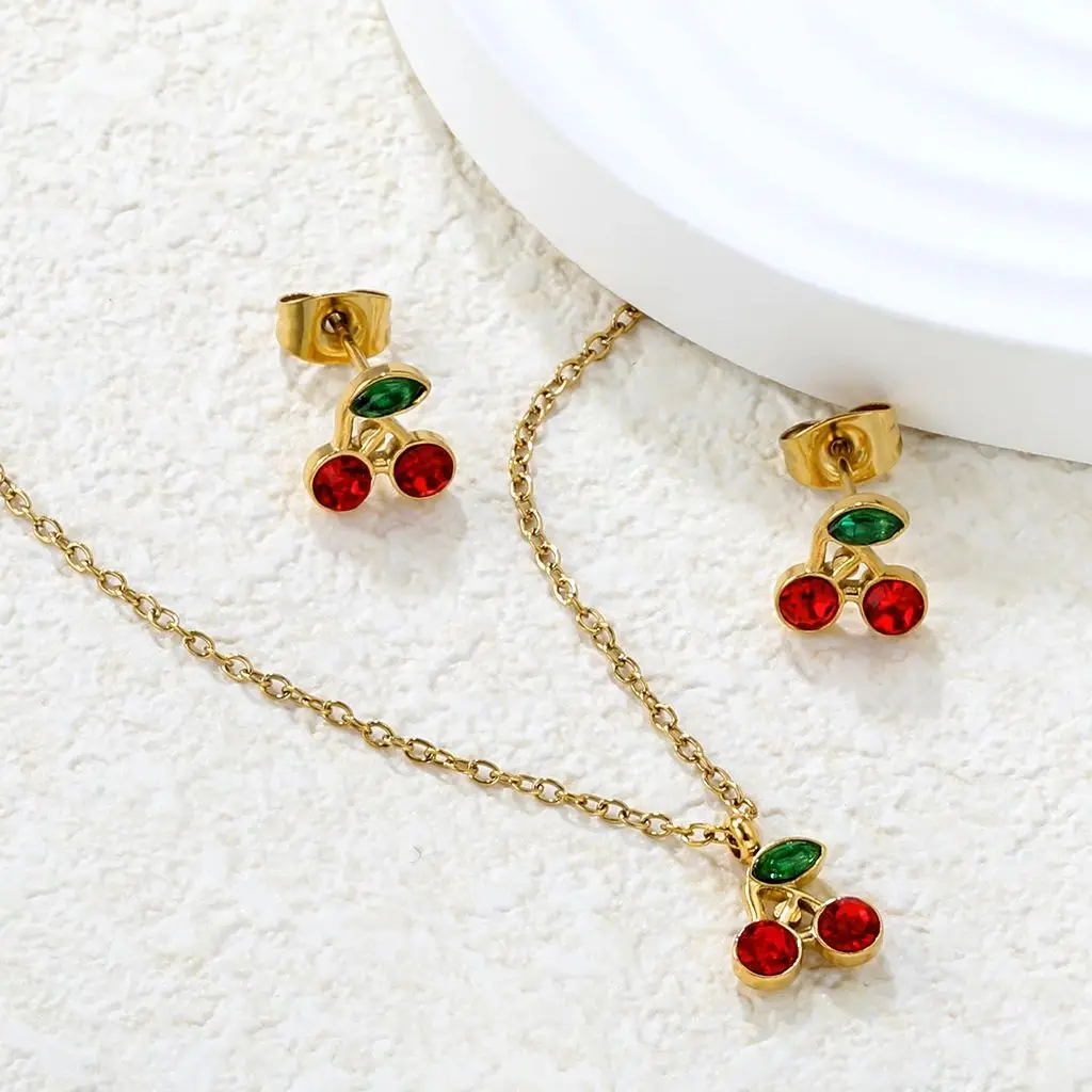 

LUXUKISSKIDS Girls/Woman Steel Delicate Red Cherry Jewelry Set CZ Zirconia Cute Charm Pendant Necklace Earrings Sets Party Gifts