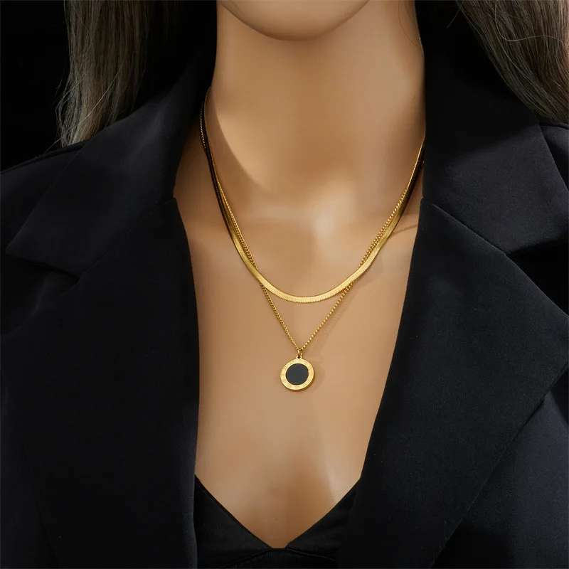 

Stainless Steel Roman Numeral Dial Pendant Necklace For Women New Trend Girls 2-Chain Choker Birthday Jewelry Gifts