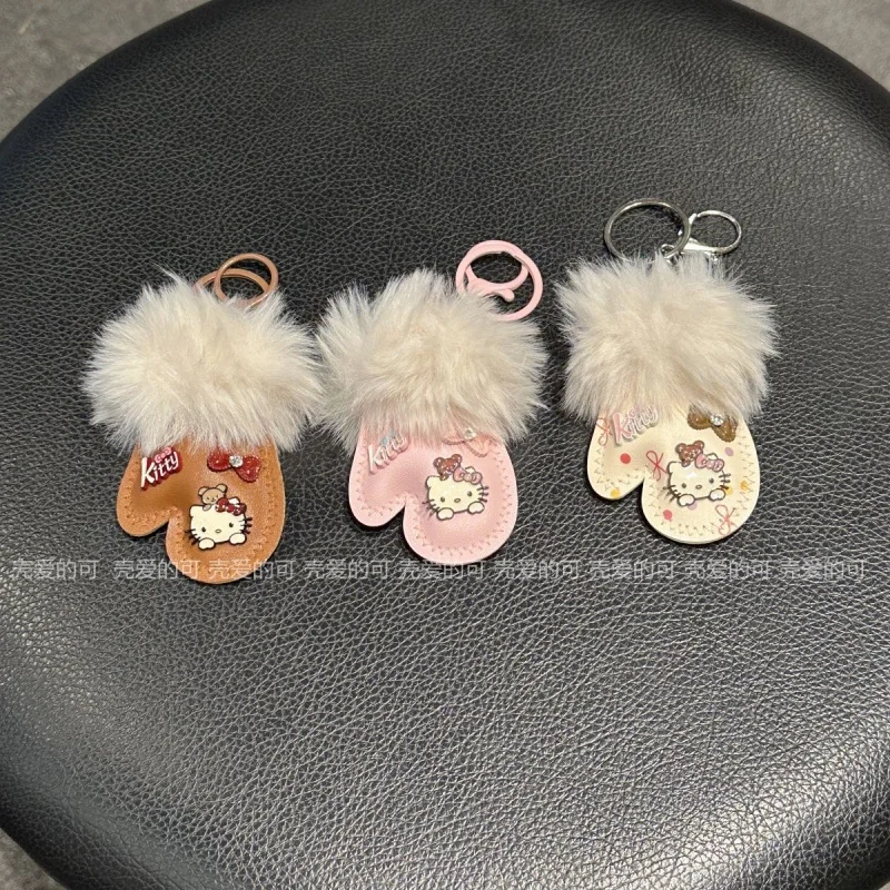 Sanrio Hello Kitty Plush Pu Material Gloves Shape Bow Lobster Clasp Keychain Girl Commuter Bag Decoration Valentine's Day Gift