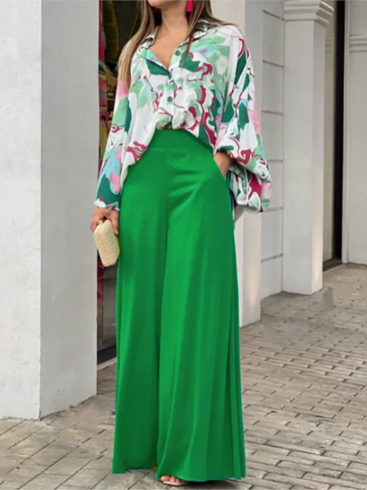 

Fashion Casual Set Women 2024 Tops Shirt Elegant Wide Leg Pants New Floral Print Bell Sleeve Loose Pocket Solid Color Pantalones