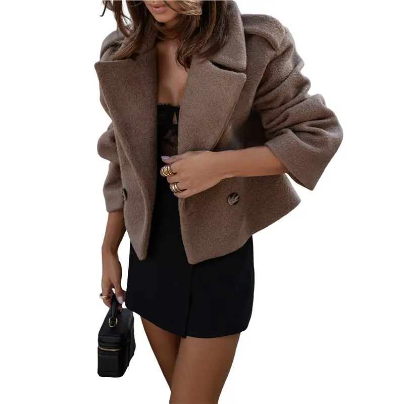 

A19Q-Women Crop Pea Coat Wool Blend Office Work Lapel Collar Short Winter Jacket Trench Coat