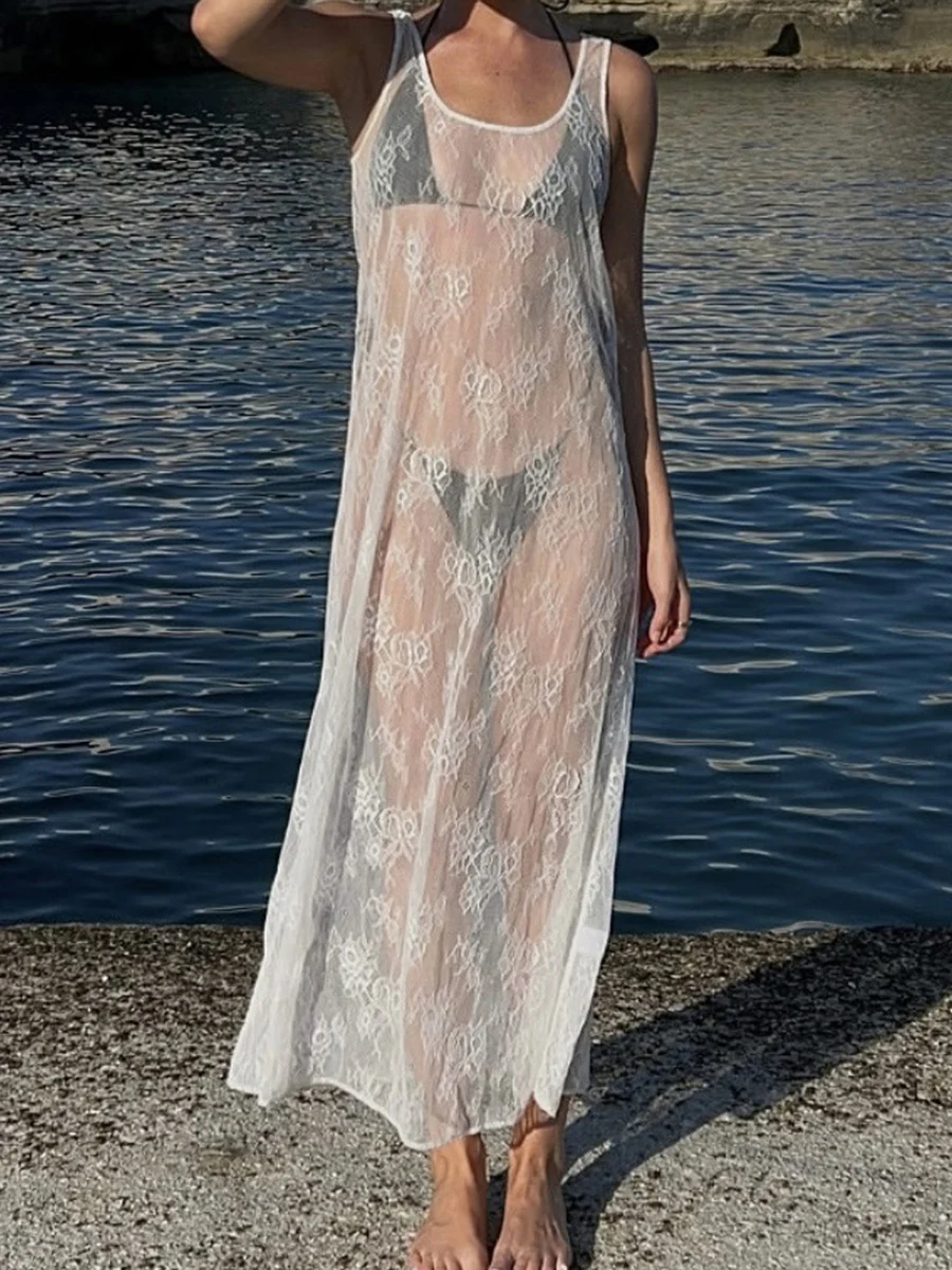 جديد إمرأة الصيف بيكيني التستر أكمام U الرقبة الدانتيل الأزهار شبكة شير فضفاض فستان طويل S M L