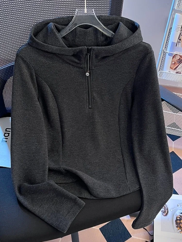 

Женская приталенная толстовка с капюшоном на молнии, корейский стиль, теплая, с бархатной подкладкой, осенне-зимний топ