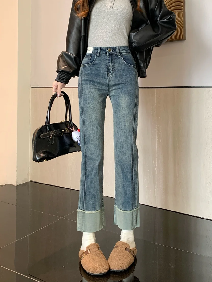 

Джинсы женские с высокой талией, прямые, утягивающие, из денима, осенне-зимние, больших размеров, для фигуры типа «груша», для невысоких, укороченные, эластичные