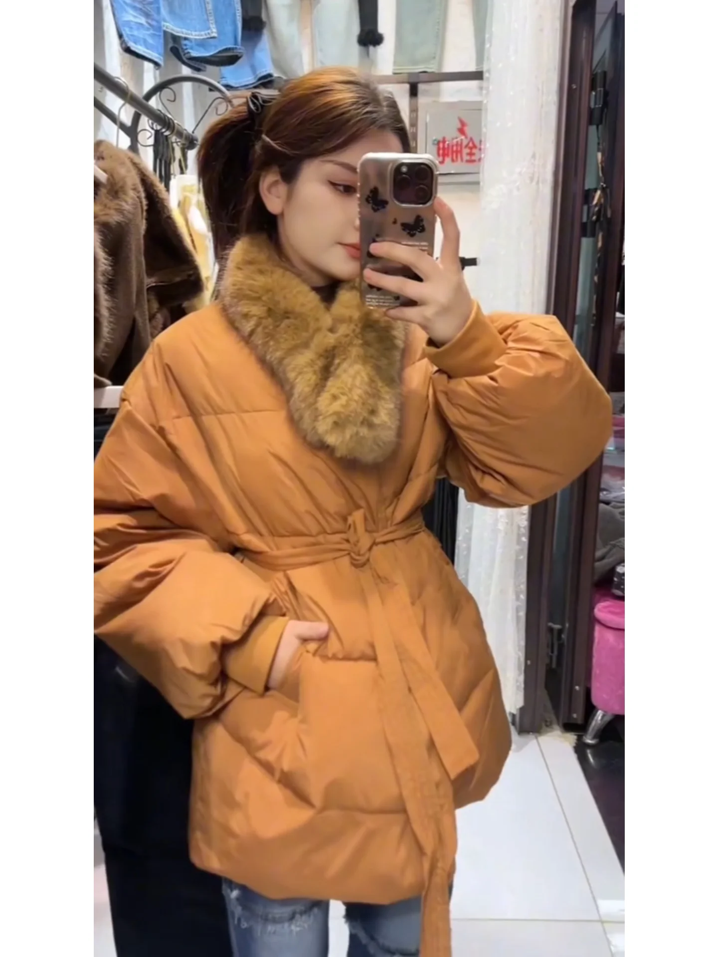 Jaet de plumón de longitud media para mujer coreana Sle con cuello de piel abrigo cálido que se pega a la cintura cuello de piel grande tamaño Cact