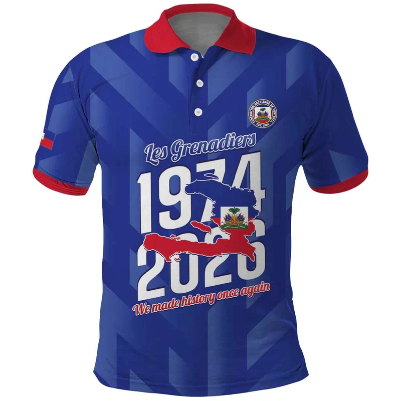 

Haiti Flag Color Block Polo Shirt 2026 Summer New Design Men Women Breathable Short Sleeve Haiti Themed T Shirt Quick Drying Tee