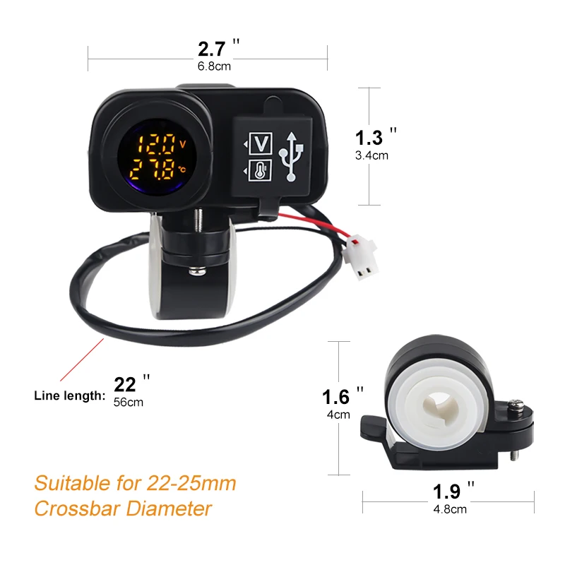 3.0 Motorcycle Charging Dual USB Charger Voltmeter Thermometer Digital Display Mobile Phone Charger Socket Car Cigarette Lighter