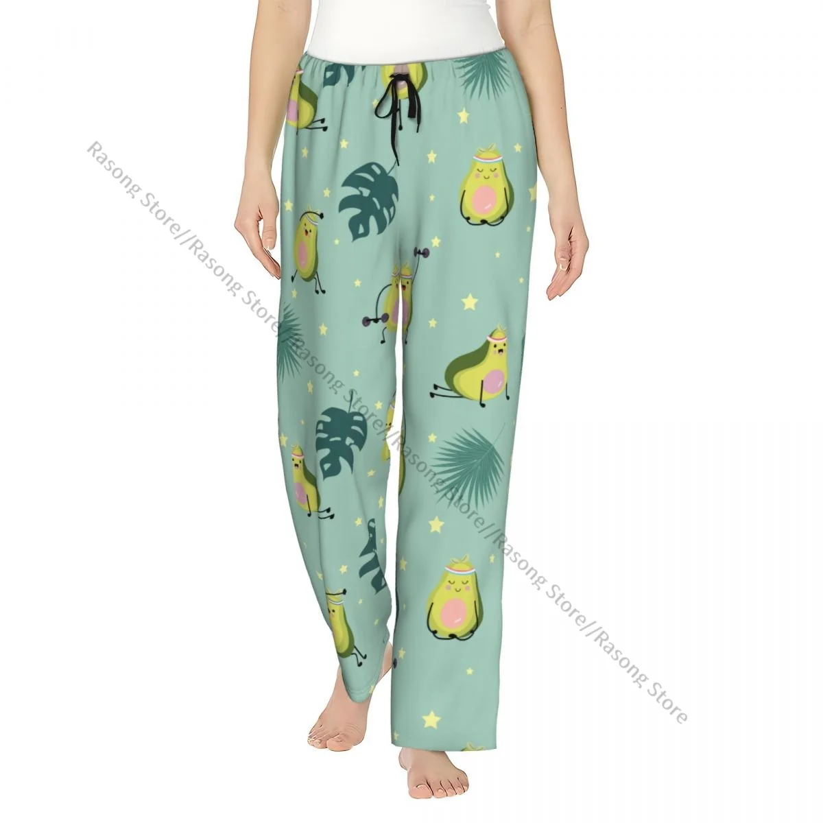 Green Avocado With Leaf And Star Flannel Pajama Pants for Women Soft Warm Sleep Pants with Elastic Waistband