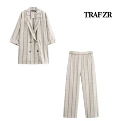 TRAF ZR Trousers Sets for Women 2 Pieces Linen Suit Minimalist Sets Vacation Outfits Woman 2024 Elegant Casual Women's Set