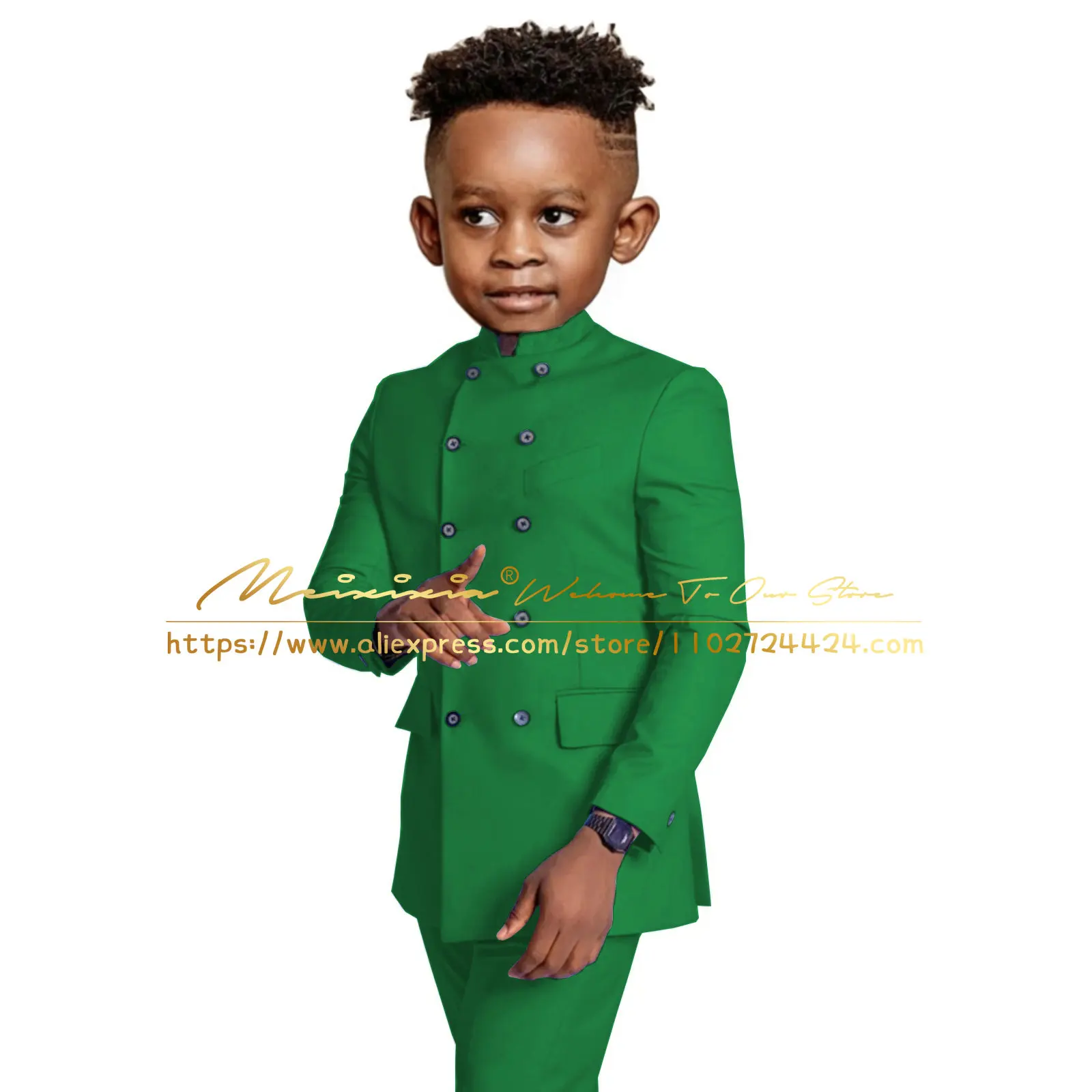 Purple Indian Design Boys Suit Jacket Pants 2 Piece Set Stand Collar Wedding Tuxedo Double Breasted Fashion Kids Blazer
