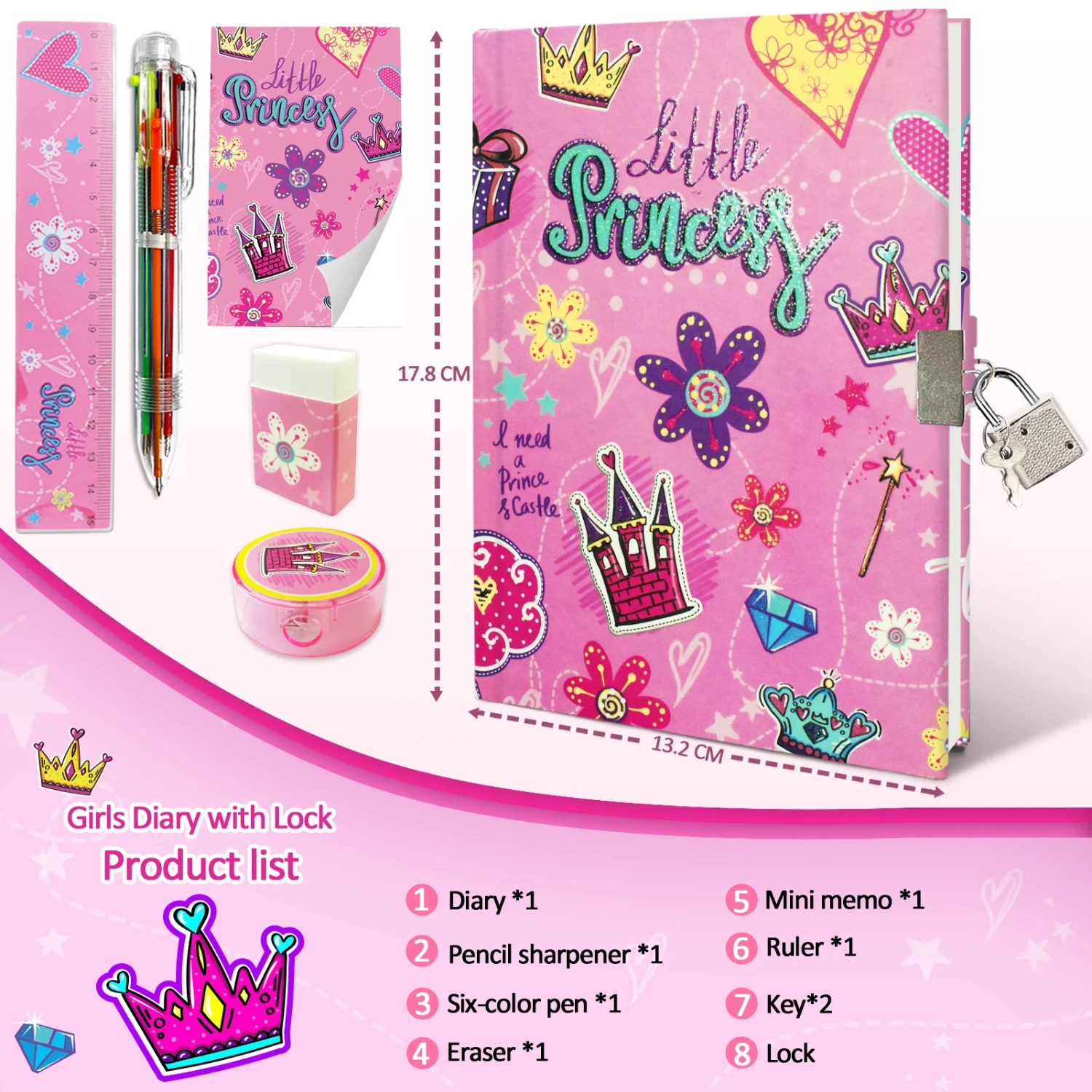 Girls Diary with Lock,  Journal Stationary Set  Pre School Teen Learning Writing Drawing Age 6,8,10,12 Years