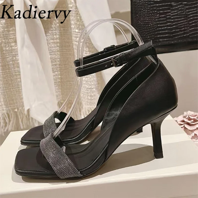 

New High Heels Sandals Women Genuine Leather Ankle Buckle Strap Summer Shoes Woman Chain String Bead Thin Heels Sandals Woman