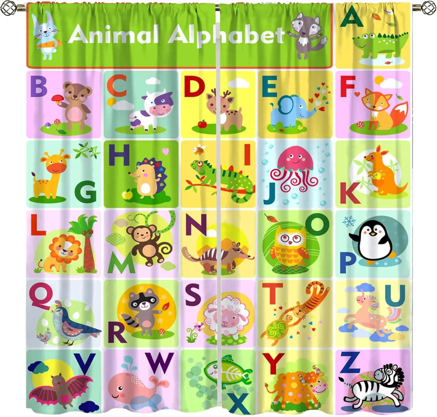 ABC Alphabet Curtains for Kids Bedroom, Colorful Cute Cartoon English Letters Funny Animals Window Treatments Drapes for Boys