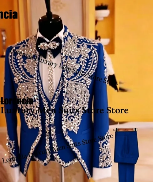 Customized High End Crystal Diamond Men Suit 3 Pieces Set Male Party Blazers Sparkly Groom Wedding Tuxedos Slim Rhinestone Homme