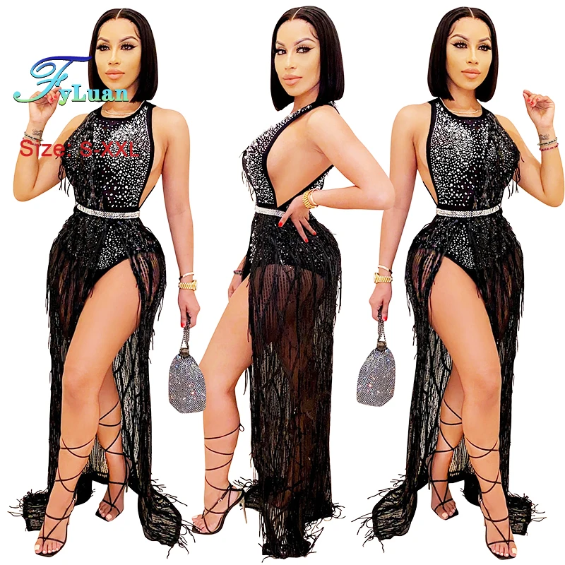 Nuovo Solido Paillettes Donne Abito a Vita Alta Set Tute Senza Maniche Abiti + Una Spalla Nappe Abito Lungo Estate Club Abbigliamento