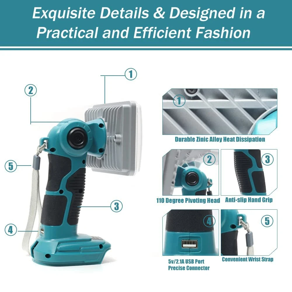 Linterna LED para exteriores, foco inalámbrico para Makita, 14,4 V, 18V, LXT BL1430, BL1850, BL1860B, batería de iones de litio de 5 pulgadas con USB