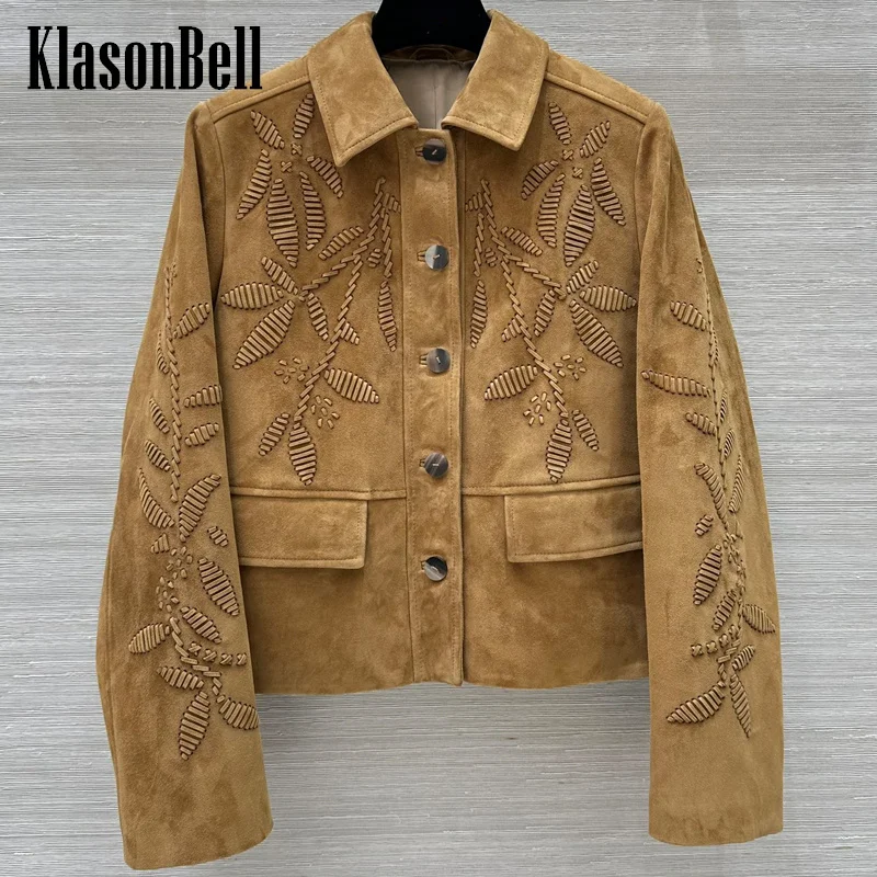 9.9 KlasonBell Women Three-dimensional Hand Embroidery Sweet Girl Coat 100% Suede Sheepskin Single Breasted Short Jacket