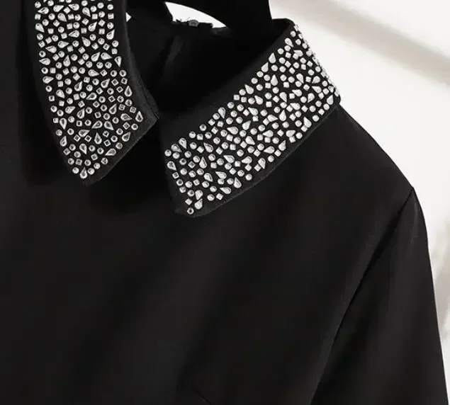 QNPQYX Chic Sparkling Diamond Beaded Peter Pan Collar abito corto donna estate elegante Fashion Office Lady Simple T Shirt Dress