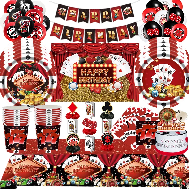 Casino Party Theme Hanging Banner Poker Tablecloth Plate Cups Latex Balloon Birthday Theme Decorations Las Vegas Party Supplies