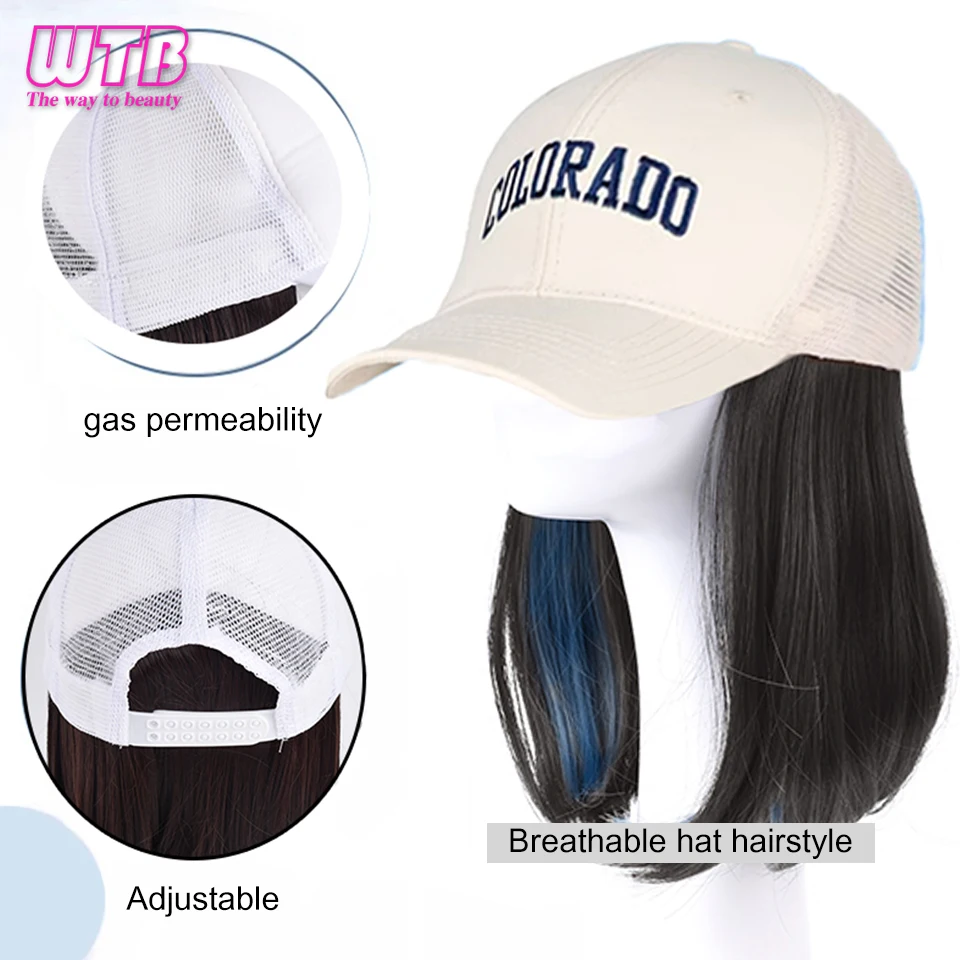 12inch Synthetic Hat Wig for Women Baseball Cap Wig with Straight Hair Extensions Wig Synthetic Wig Hat Adjustable Black Brown