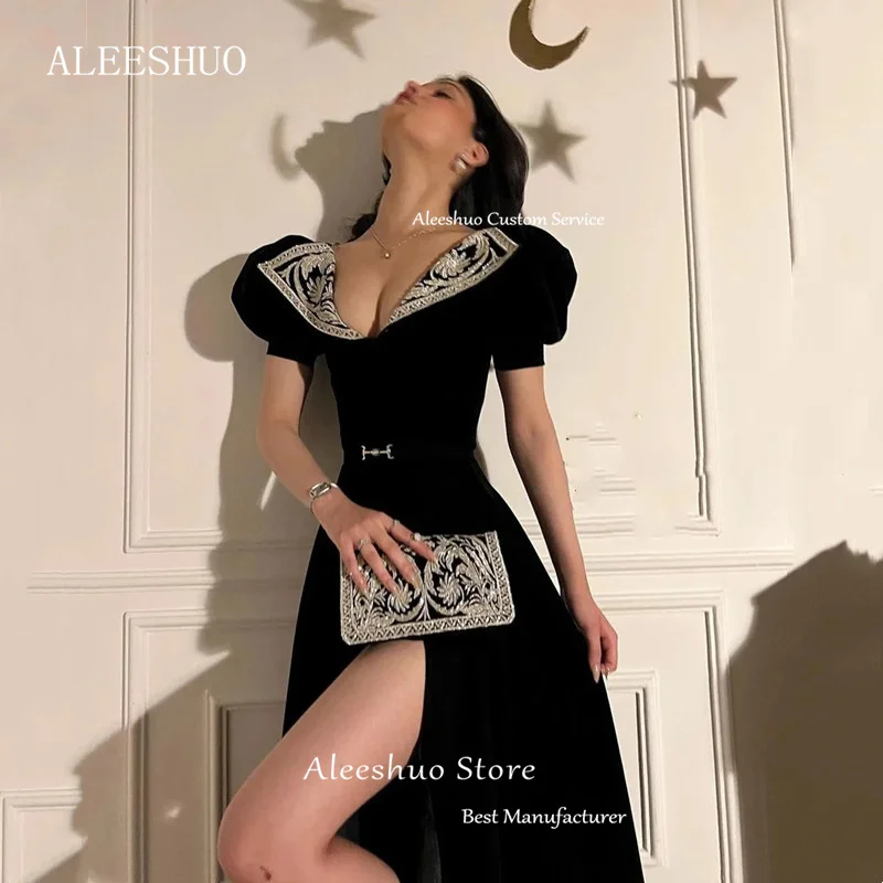 Aleeshuo gaun malam klasik hitam A-Line, gaun pesta Satin lengan pendek Prom seksi kerah V applique celah tinggi, jubah malam