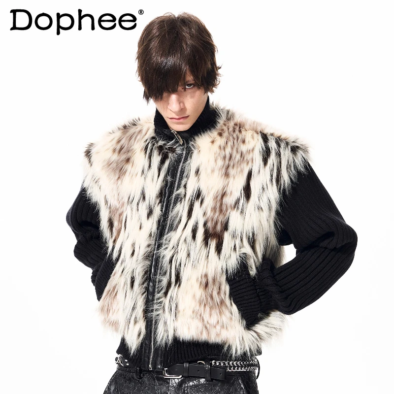 

Men's 2025 Winter New Thickened Stand Collar Sweaters Fashion High-End Chic Knitwears Faux Fur Splicing Cardigan Knitted Jackets