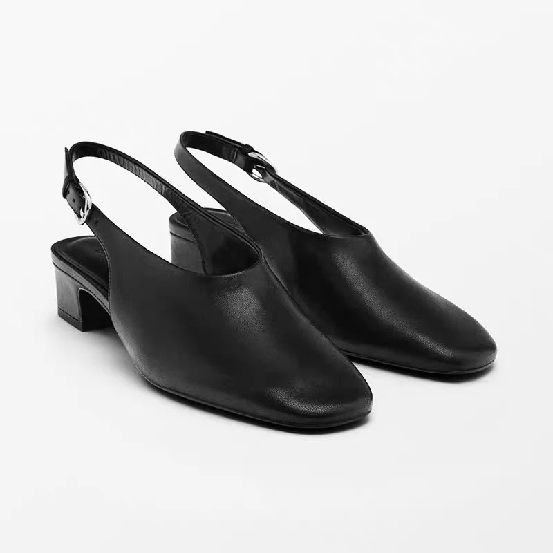 

2026 New Women Genuine Leather Pumps Thick High Heels Spring Summer Party Wedding Black Shoes Woman Sexy Slingback Pumps Shoes