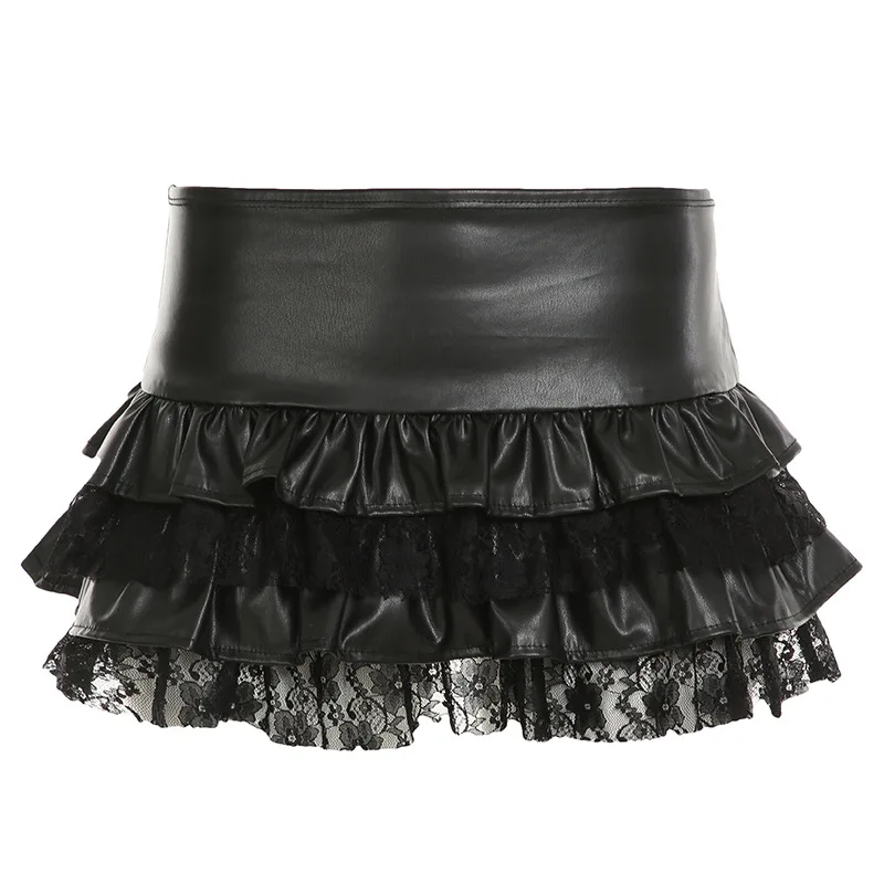 

Women's Punk Style Lace Patchwork Leather Cake Skirt Gothic Short Mini Skirts