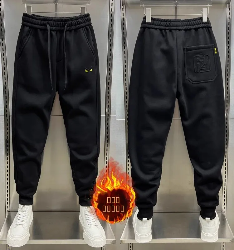 

Men's plus Size Fleece Lined Thickened Sports Pants Elastic Casual Trousers Winter Warm Cuffed Leisure Trousers Trendy Brand