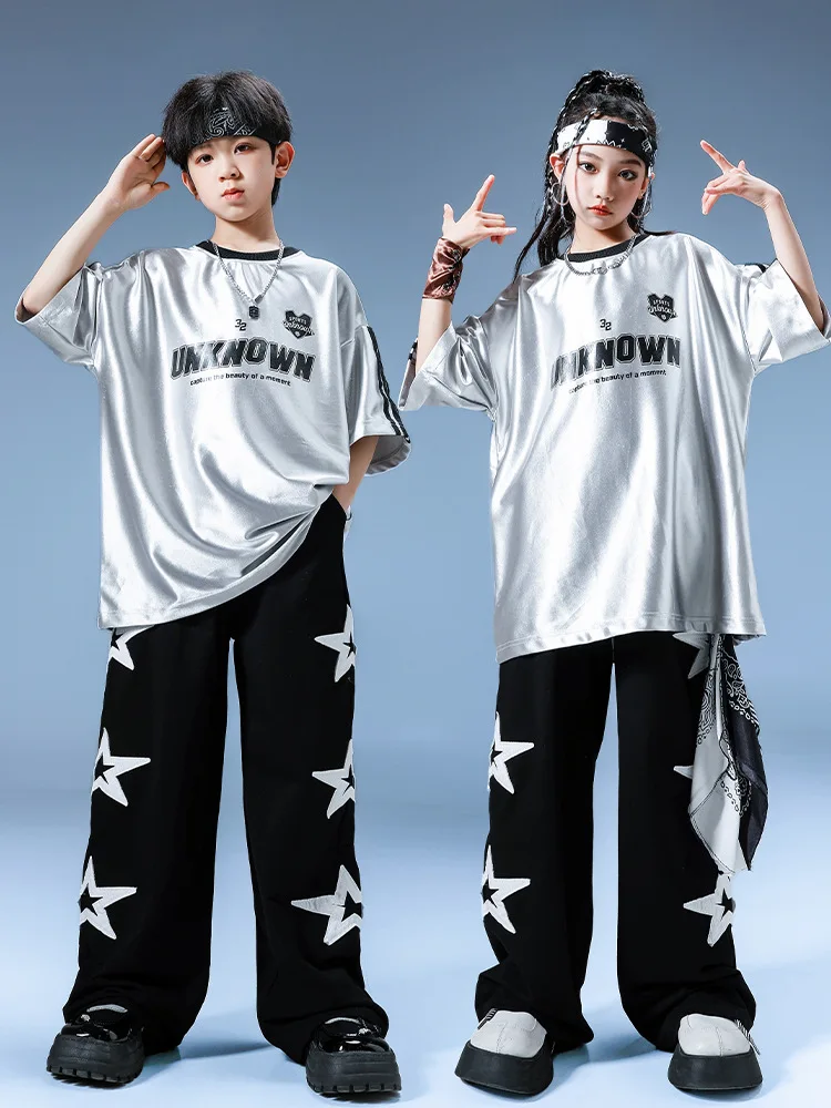 Boys Hip Hop Reflective T-shirt Loose Pants Girls Cool Sliver Sequin Streetwear Kids Street Dance Clothes Set Child Jazz Costume