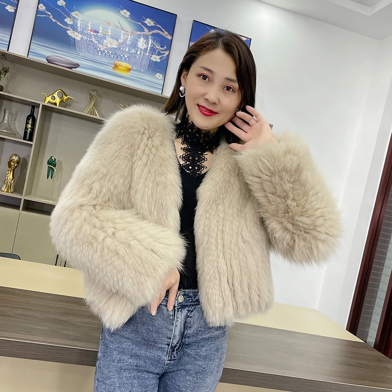 2023 Novo Estilo Jaquetas Moda Real Fox Fur Coat Outono Inverno Luxo Casaco De Pele De Malha Mulheres Dupla Manga Longa Tecido Liner