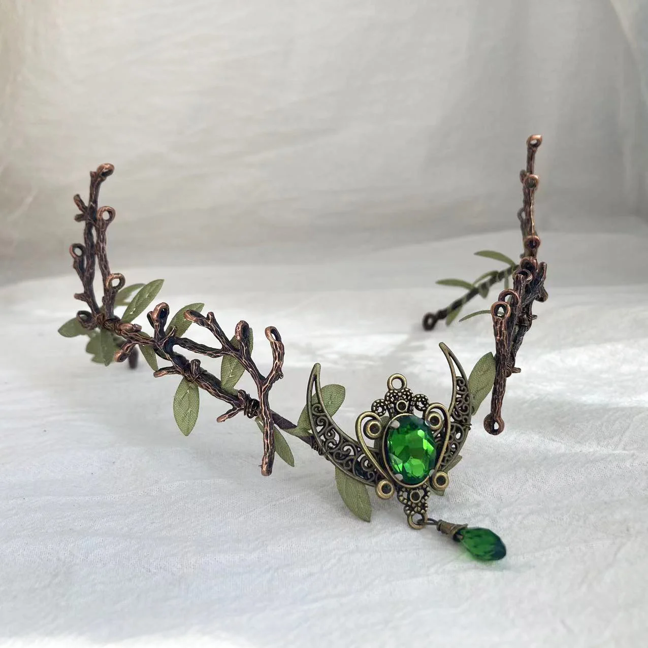 Forest Woodland Moon Tiara With Emerald Branches Fairy Crown Elven Tiara Elf Medieval Headpiece Celtic Wedding