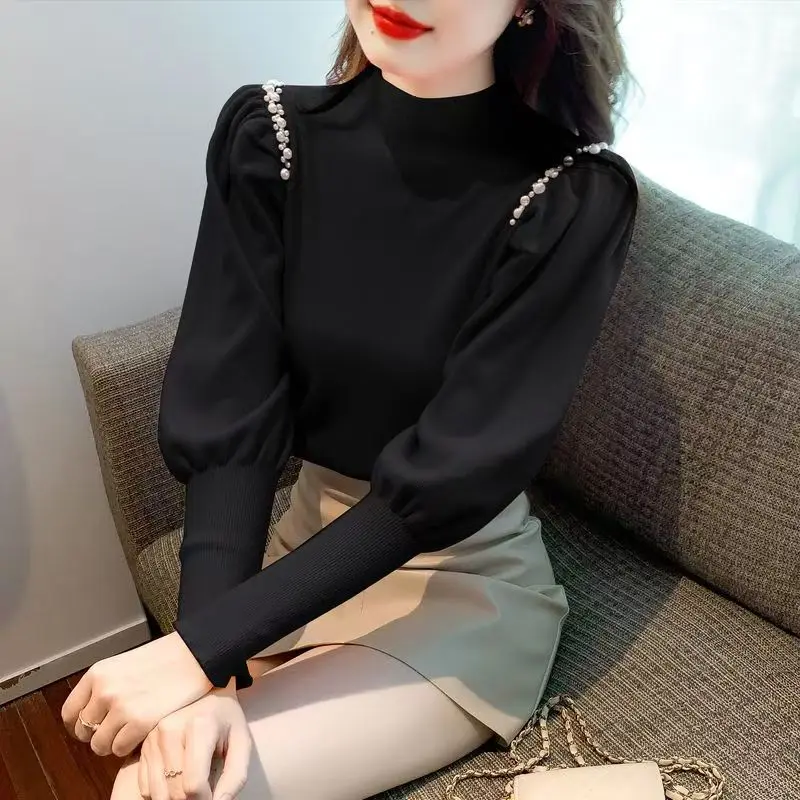 

Women Sweater Pullover Half High Collar Long Sleeve Loose Pearl Casual Solid Color Warm Thick Autumn Winter Knitted Sweater