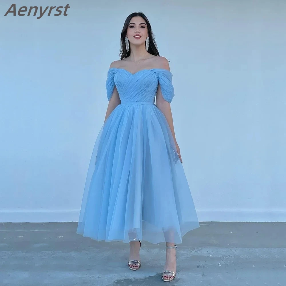 Aenyrst ชุดออกงานกลางคืนผ้าทูลสีฟ้าเรียบง่ายชุดเดรสปาร์ตี้เดรสยาวสำหรับงานพรอมสุดเซ็กซี่2024