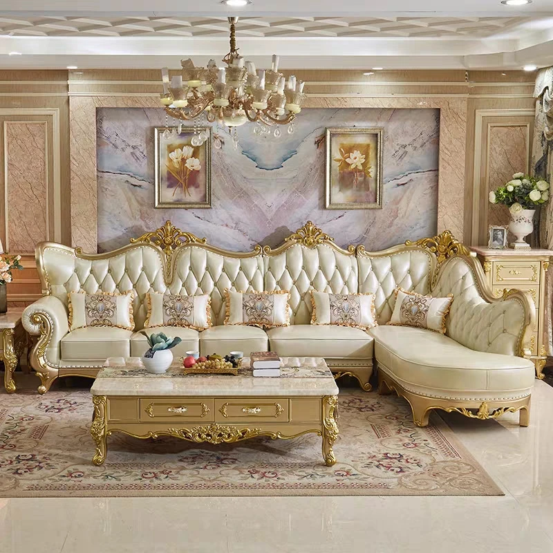 ProCARE Luxury European Solid Wood Gold Wedding Royal Sofa Couch Pure Leather  Living Room Corner L-shaped Sofa