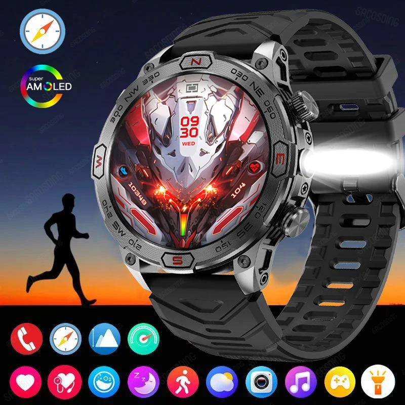 

Fashion Smart Watch AMOLED Flashlight Outdoor Compass 1ATM Waterproof Watch Smart HD Bluetooth Call GPS Track Sports Smartwatch