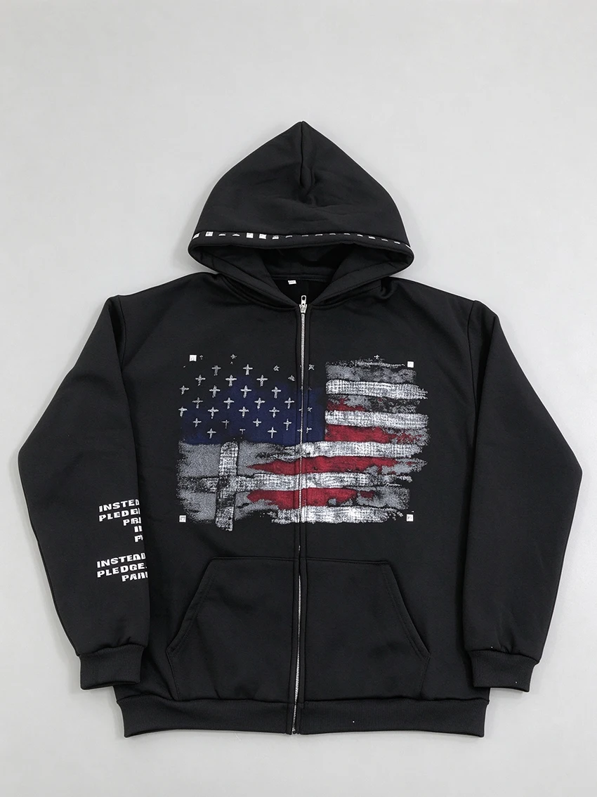 Women Oversized Zip Up Hoodie Vintage Distressed American Flag Cross Print Rivet Decor Hood Street Punk Fashion Casual Outerwear