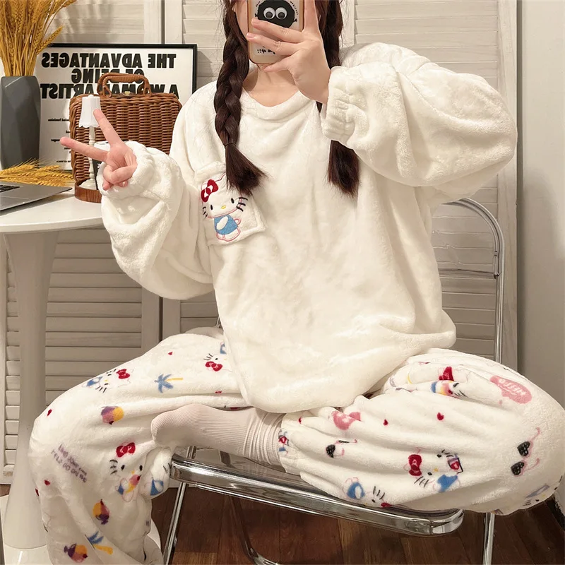 كارتون سانريو مرحبا كيتي منامة Kawaii الفانيلا البلوز المرجان المخملية الشتاء الدافئة منامة دعوى Homewear فتاة الهدايا لعبة