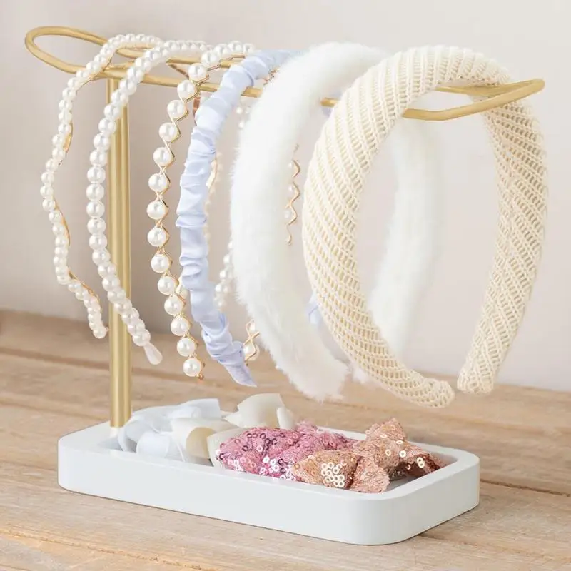 Headband Display Stand Metal Desktop Storage Holder Girls Hair Hoop Stand With Wooden Base Hairband Rack For Hair Clips