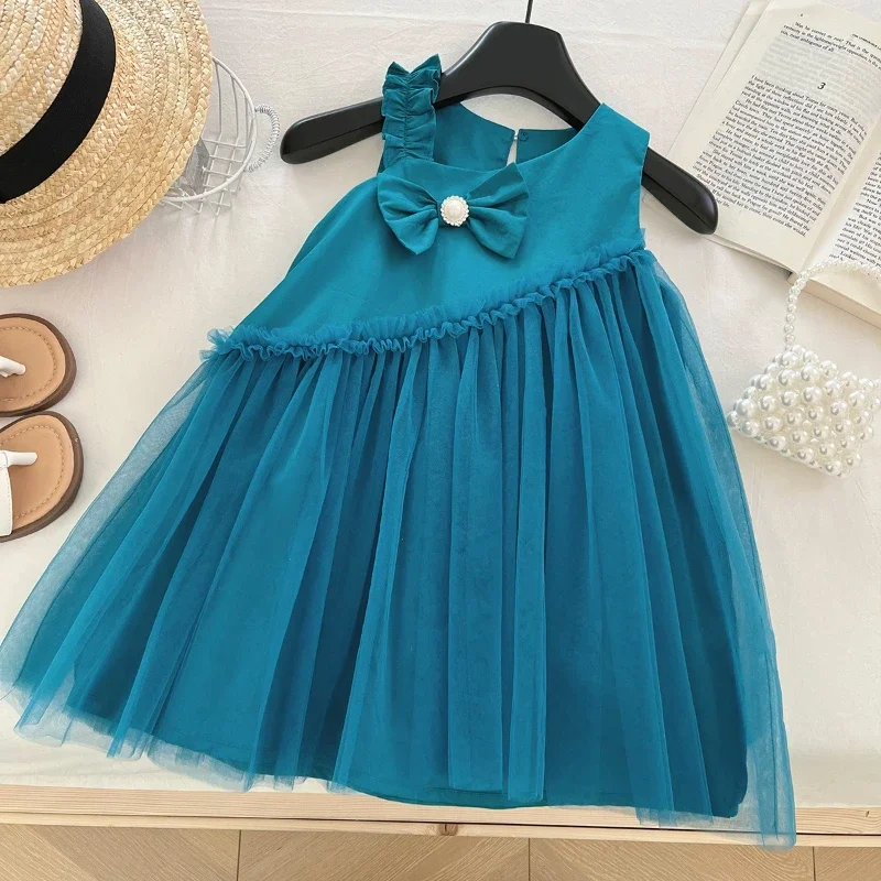 Vestido para niña, novedad De verano, vestido veraniego De malla De retales De Color sólido para niña, Ropa para Niña