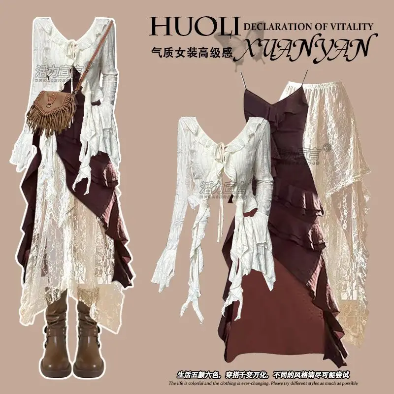 秋の新作イレギュラーなスリムフィットトップス、ラッフルエッジサスペンダードレス、透かし彫りハーフスカートの3点セット、エレガントなレディーススカート