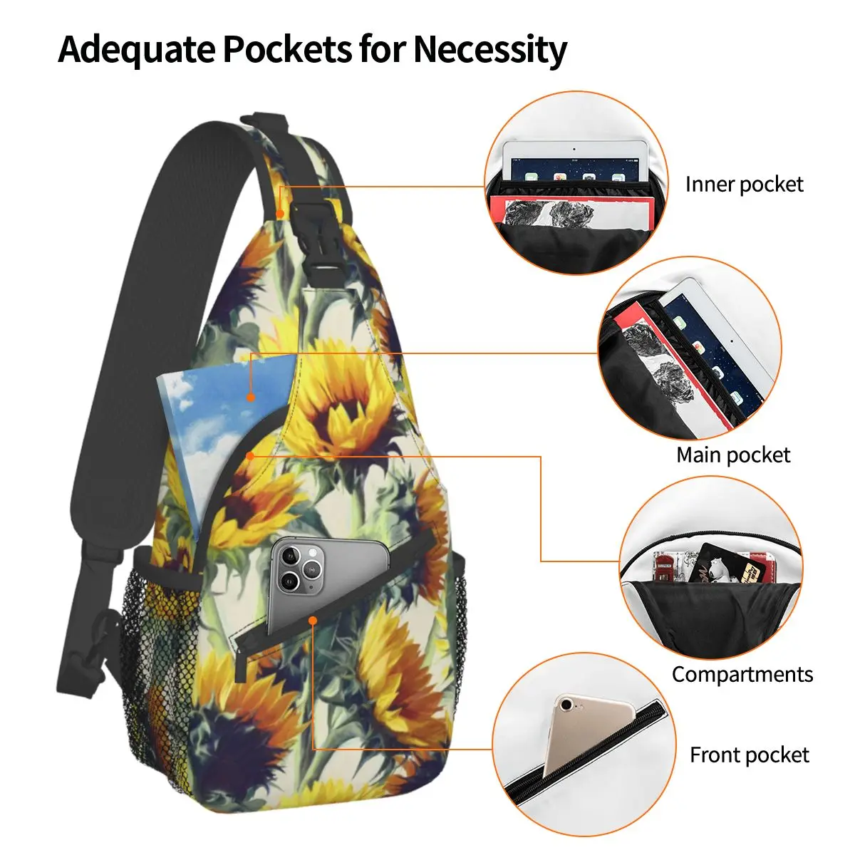 Girasoli Forever Bohemian Crossbody Sling Bag Cool Chest Bag Flowers spalla zaino Daypack escursionismo Outdoor Travel Satchel