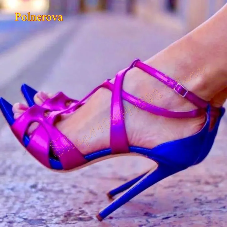

Mixed Color Leather Pointed Toe Sandals Sexy Stiletto Buckle Women's Shoes Wedding Party HIgh Heels 2025 New Zapatos Para Mujere
